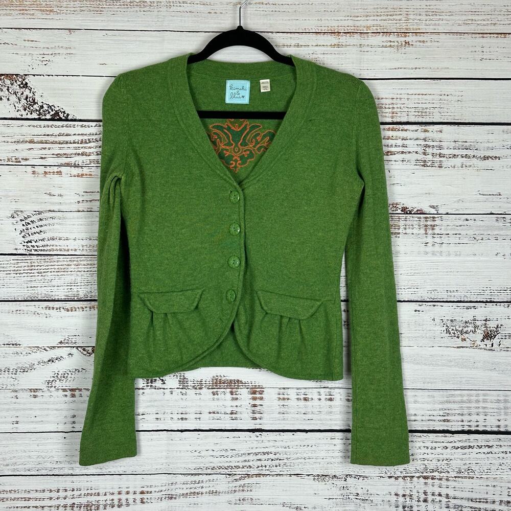 Kimchi Blue Green Embroidered Wool Rabbit Hair Peplum Cardigan Preppy Womens M